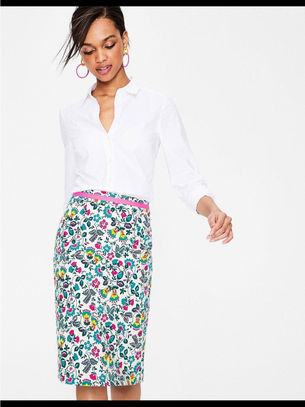 Boden Floral Pencil Skirt with Pink Waistband